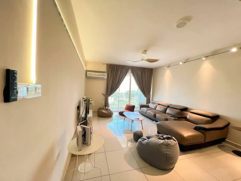 Living features: L-shape sectional sofa in brown leather, coffee table, bean bag chairs, floor-to-ceiling windows, curtains, wall-mounted TV, 1 wall-mounted split AC, recessed downlights, white painted walls, glossy tile flooring, ceiling fan; style: modern; view: garden.