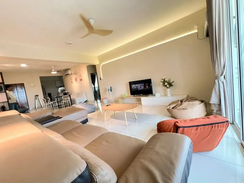Living features: 3-seater leather sofa in beige, bean bag chair in orange, coffee table, wall-mounted TV, entertainment unit, recessed LED strip lighting, floor-to-ceiling windows, curtains, white tiled flooring, ceiling fan, decorative plant, wall-mounted decor; style: modern; view: city.