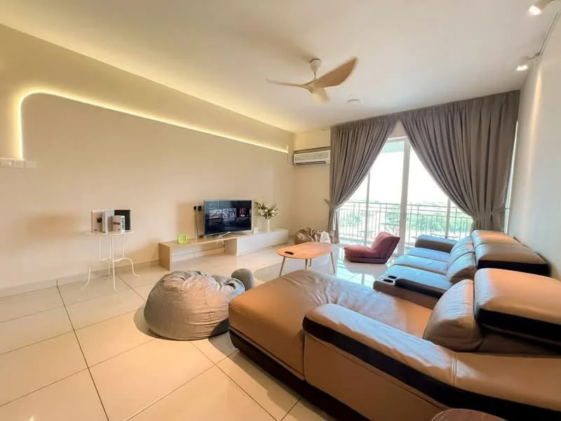 Living features: L-shape sectional sofa in beige, single armchair in red, bean bag chair, wall-mounted TV, TV console, recessed LED strip lighting, floor-to-ceiling windows, curtains, wall-mounted split AC, glossy tile flooring, decorative plant in vase; style: modern; view: city.