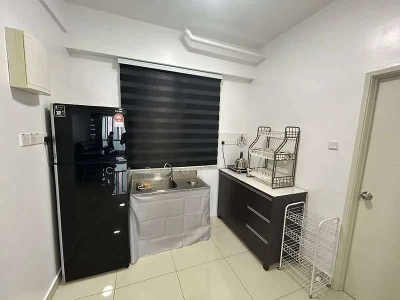 Kitchen features: black refrigerator, single-bowl stainless-steel sink, chrome pull-down faucet, white countertop, dark cabinetry, tile flooring, black roller blinds, wall-mounted air conditioning unit, open shelving, kitchen appliances including coffee machine; style: modern.