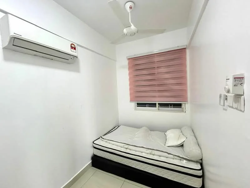 Bedroom features: white painted walls, tile flooring, single bed, wall-mounted air conditioning unit, pink roller blinds, window with view, light ceiling fan, bedside table, mattress without bed frame; style: minimalist.