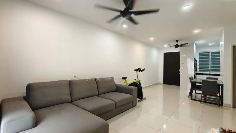 Living features: grey fabric sectional sofa, white painted walls, glossy tile flooring, 2 ceiling fans, recessed downlights, exercise bike, dining table with chairs, window with blinds; style: modern.