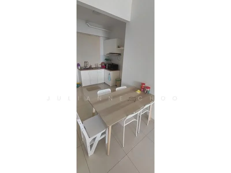 Dining features: rectangular dining table, 4 white dining chairs, light wood table surface, ceramic tile flooring, kitchen cabinetry in background, kitchen countertop with appliances, open-plan layout, neutral wall color; style: modern.