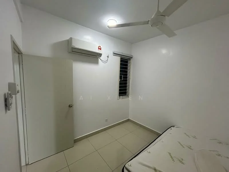 Bedroom features: white painted walls, tile flooring, 1 wall-mounted split AC, ceiling fan, window with security bars, single bed frame, mattress, built-in wardrobe, light fixture; style: modern.
