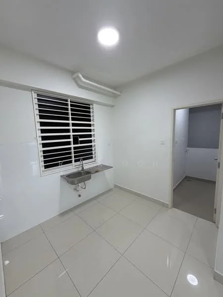 Kitchen features: white painted walls, glossy ceramic tile flooring, single-bowl stainless-steel sink, chrome pull-down faucet, window with horizontal slats, recessed ceiling light, countertop with white surface, open layout; style: modern. Room features: white painted walls, glossy ceramic tile flooring, door leading to another room.