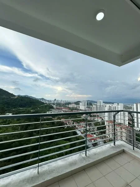 Room features: balcony with railing, tile flooring, city skyline view, mountain view, overhead recessed lighting; style: modern; view: city.