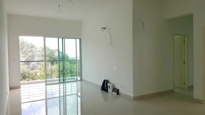 Living features: white painted walls, glossy marble tile flooring, floor-to-ceiling windows, sliding glass door, natural light from large window, ceiling lights, minimalist decor, view of greenery; style: modern; view: garden.
