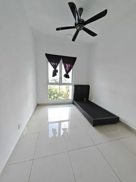 Bedroom features: white painted walls, glossy ceramic tile flooring, 5-blade ceiling fan, floor-to-ceiling windows, blackout curtains, single bed frame, natural light from window; style: minimalist; view: garden.