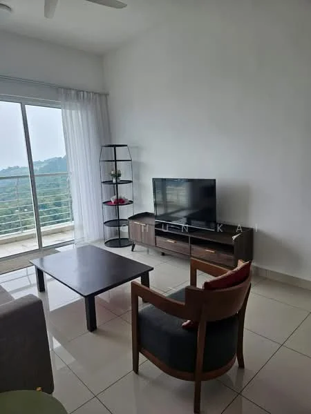 Living features: floor-to-ceiling windows, white painted walls, ceramic tile flooring, 3-seater grey fabric sofa, wooden coffee table, TV console, wall-mounted TV, black metal shelving unit, decorative items on shelf, sheer curtains, ceiling fan; style: modern; view: mountain.