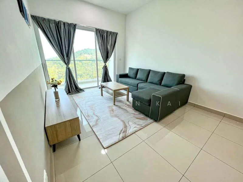 Living features: grey fabric sectional sofa, light wood coffee table, cream area rug, floor-to-ceiling windows, curtains in grey, white painted walls, glossy ceramic tile flooring, decorative wall art, mountain view; style: modern; view: mountain.
