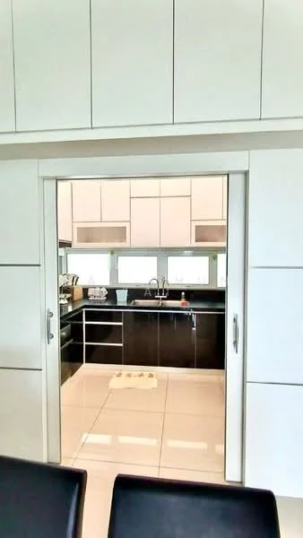 Kitchen features: white cabinetry with flat-panel design, black countertop, stainless-steel appliances, double-basin stainless-steel sink, chrome pull-down faucet, ceramic tile flooring, recessed downlights, window with blinds, open layout to adjacent area, kitchen island, built-in oven, microwave, dishwasher; style: modern.