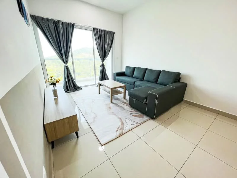 Living features: grey fabric L-shape sectional sofa, wooden coffee table, light-colored area rug, floor-to-ceiling windows, sheer curtains, dark grey curtains, white painted walls, glossy ceramic tile flooring, TV console, decorative vase with flowers; style: modern; view: mountain.