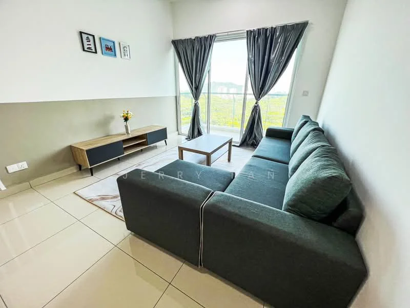 Living features: grey fabric L-shape sectional sofa, wooden coffee table, TV console in wood finish, floor-to-ceiling windows, sheer curtains, white painted walls, cream tiled flooring, area rug with geometric pattern, decorative flower vase; style: modern; view: garden.