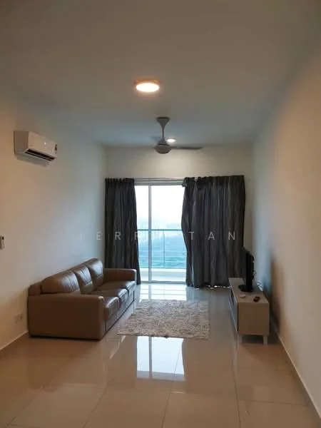 Living features: 3-seater leather sofa in beige, area rug with geometric pattern, wall-mounted TV, TV console, floor-to-ceiling windows, sliding glass door, curtains in grey, 1 wall-mounted split AC, ceiling fan with light, glossy tile flooring, white painted walls, recessed downlights; style: modern; view: city.