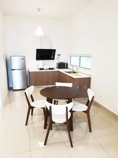 Kitchen features: white painted walls, cream tiled flooring, ceiling light fixture, kitchen cabinets in wood finish, white countertop, stainless-steel fridge, built-in microwave, kitchen sink, gas stove with hood, window above sink, round dining table, 4 dining chairs; style: modern.
