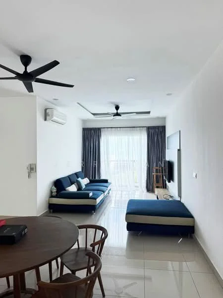 Living features: 3-seater fabric sofa in blue and white, chaise lounge in blue, ceiling fan with 3 blades, recessed downlights, floor-to-ceiling windows, sheer curtains, wall-mounted TV, TV console, polished ceramic tile flooring, white painted walls, wooden dining table with chairs, air conditioning unit; style: modern.
