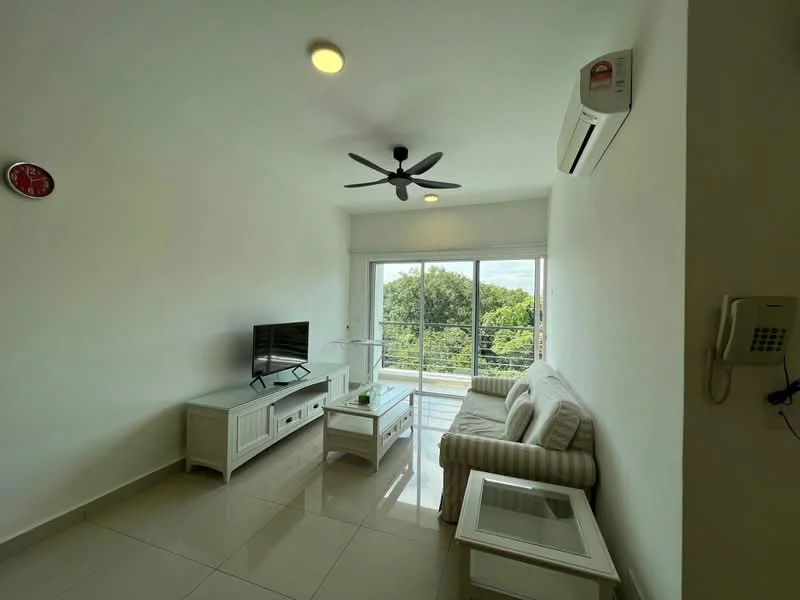 Living features: white painted walls, glossy tile flooring, 5-blade ceiling fan with light, wall-mounted TV, glass coffee table, beige striped 2-seater sofa, TV console with storage, large windows with view, air conditioning unit, decorative wall clock; style: modern; view: garden.