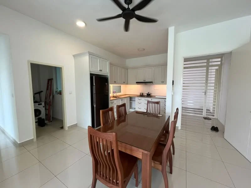 Dining features: 6-seater dining table, wooden dining chairs, white painted walls, recessed downlights, tile flooring, ceiling fan, kitchen area visible, black fridge, white cabinetry, countertop with backsplash, open layout to living area, laundry area visible through doorway; style: modern. Kitchen features: white cabinetry, black fridge, countertop with backsplash, stainless-steel sink, built-in stove, oven, recessed downlights; style: modern. Laundry features: front-load washing machine, shelving, white walls, tile flooring.