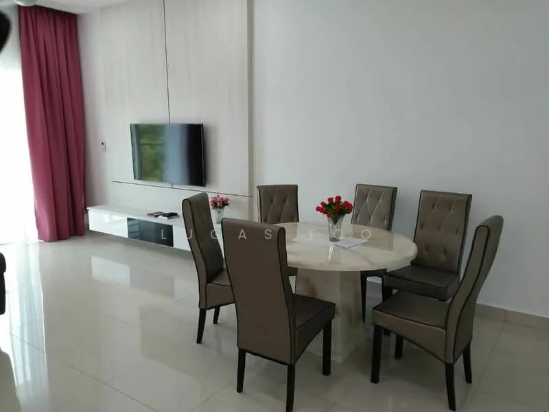 Dining features: round marble dining table, 6 upholstered dining chairs in beige, wall-mounted TV, white TV console, light-colored wall with wood paneling, large windows with sheer curtains, pink curtains, glossy tile flooring, decorative flower arrangement on table; style: modern.