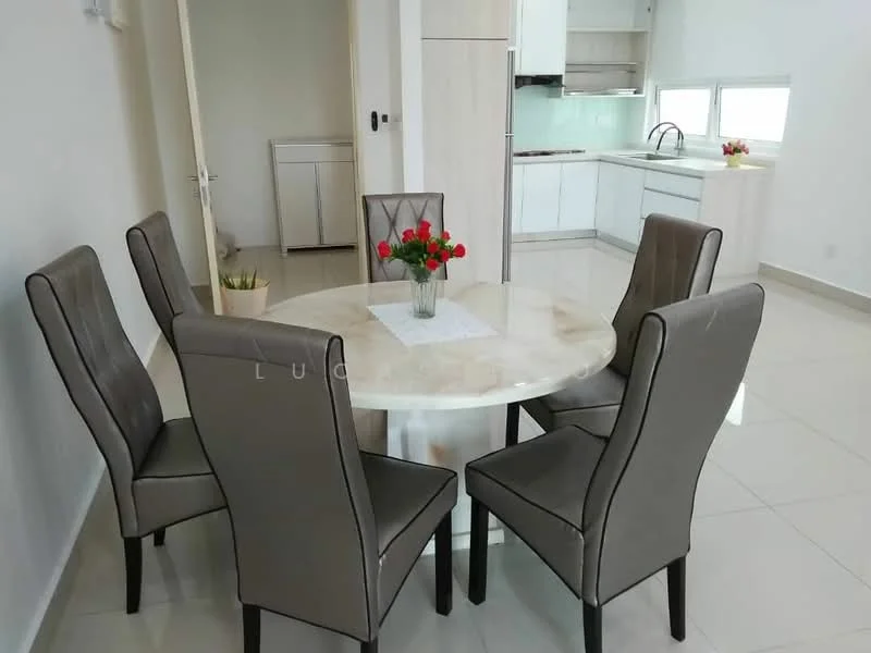 Dining features: round marble dining table, 5 upholstered dining chairs in grey, white table runner, flower vase with red roses, glossy white cabinetry in background, kitchen area visible, light-colored tiled flooring, large windows providing natural light; style: modern. Kitchen features: white cabinetry, glass backsplash, built-in oven, stainless-steel sink, countertop with space for appliances; style: modern.