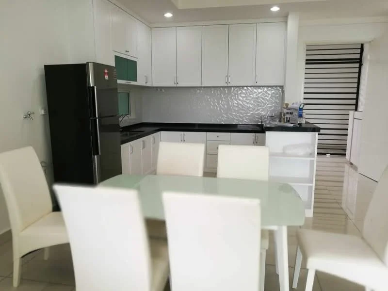 Kitchen features: black granite countertop, white shaker cabinets, stainless-steel fridge, built-in oven, ceramic tile flooring, white backsplash, single-bowl stainless-steel sink, chrome pull-down faucet, recessed downlights, open shelving, dining table with glass top, white upholstered dining chairs; style: modern.