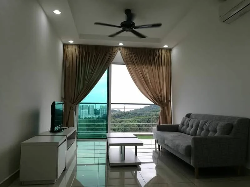 Living features: 3-seater fabric sofa in grey, coffee table, TV console, wall-mounted TV, floor-to-ceiling windows, sheer curtains, dropped ceiling with recessed lighting, 5-blade ceiling fan, white painted walls, glossy tile flooring, balcony view; style: modern; view: city.