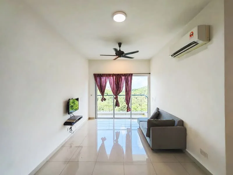 Living features: white painted walls, glossy tile flooring, 5-blade ceiling fan with light, wall-mounted TV, sofa in grey, curtains in burgundy, sliding glass door, floor-to-ceiling windows, air conditioning unit; style: modern; view: garden.