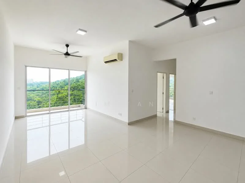 Living features: white painted walls, glossy ceramic tile flooring, 2 ceiling fans, floor-to-ceiling windows, mountain view, air conditioning unit, recessed LED downlights; style: modern; view: mountain.