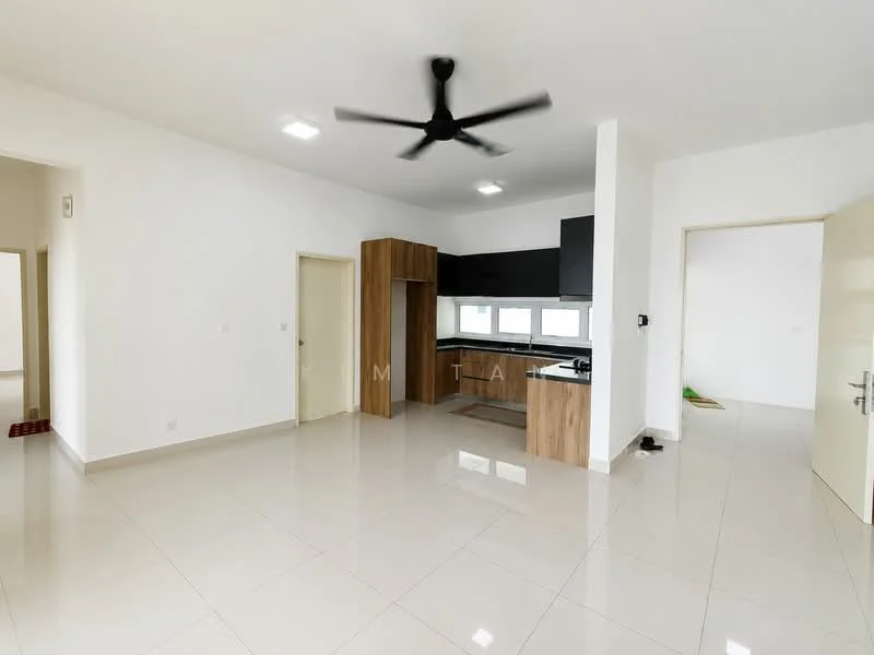 Living features: white painted walls, glossy ceramic tile flooring, 5-blade ceiling fan with light, recessed LED downlights, open kitchen layout, kitchen island with countertop, black cabinetry, stainless-steel sink, window with natural light, doorway to other rooms; style: modern.