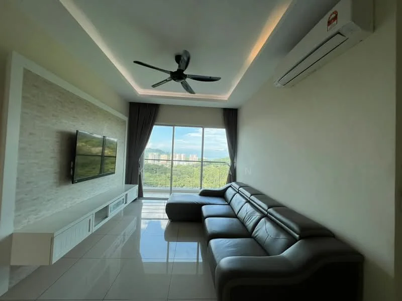 Living features: 3-seater leather sofa in grey, wall-mounted TV, white TV console, floor-to-ceiling windows, sliding glass door, curtains, ceiling fan, recessed lighting, glossy tile flooring, decorative stone accent wall, air conditioning unit; style: modern; view: city.