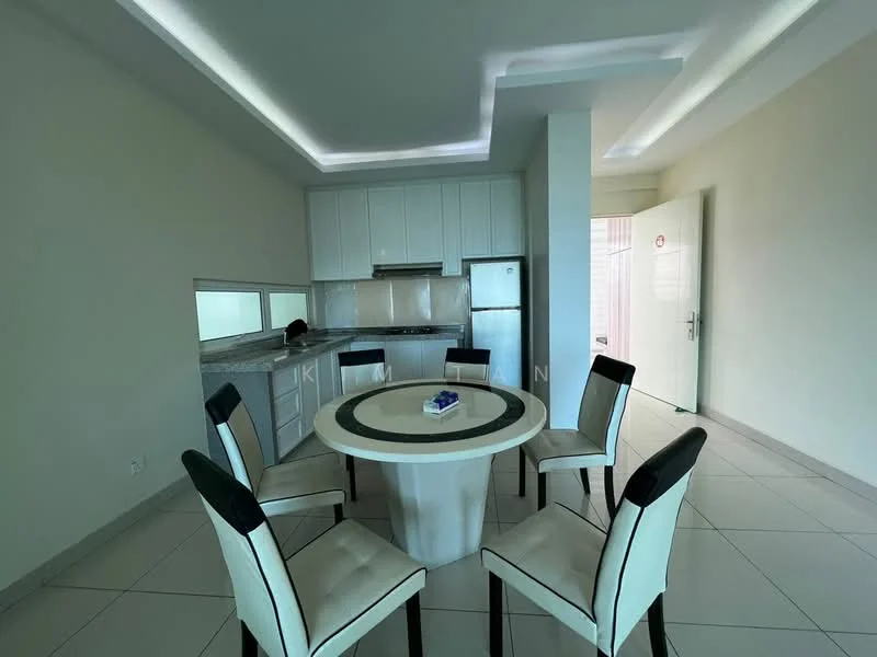 Dining features: round dining table, 6 upholstered dining chairs in black and white, white painted walls, tile flooring, recessed lighting, kitchen cabinetry with white finish, stainless-steel fridge, kitchen countertop with grey surface, window with natural light, door leading to outside; style: modern.