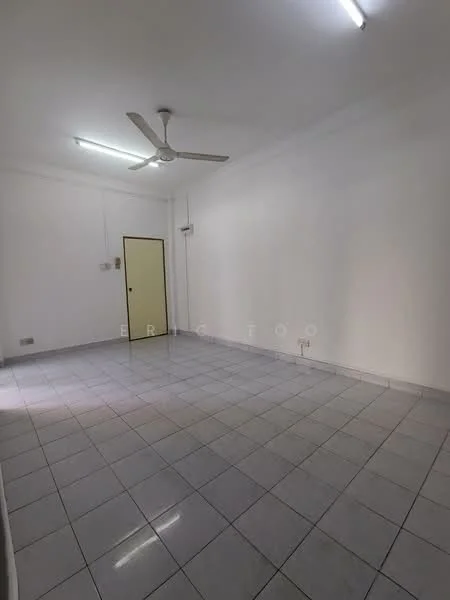 Room features: white painted walls, grey tiled flooring, ceiling fan, fluorescent ceiling lights, single door, power outlets, window with no treatment, corner wall with no features; style: minimalist.