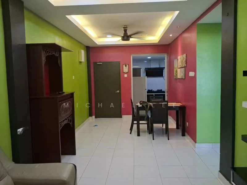 Living features: white tiled flooring, green painted walls, pink painted accent wall, tray ceiling with recessed lighting, 5-blade ceiling fan, wooden console unit, dining table with 4 chairs, wall-mounted artwork, door leading to kitchen, air conditioning unit; style: modern.