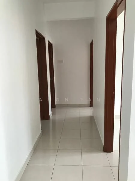 Hallway features: white painted walls, white tiled flooring, wooden door frames, multiple doorways, bright lighting, neutral color scheme, straight corridor layout; style: modern.