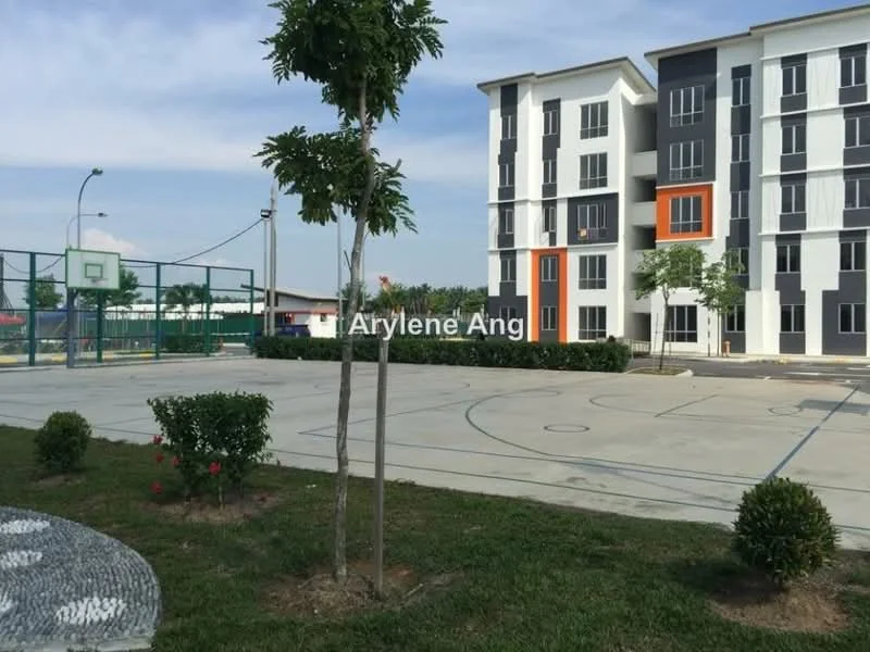Exterior type: mid-rise condominium; features: basketball court, concrete pavement, manicured lawn, landscaped garden with shrubs, multiple-storey building, glass windows, orange accent on facade, surrounded by greenery; style: modern.