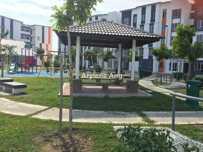 Exterior type: low-rise apartment block; features: gazebo with wooden roof, concrete seating area under gazebo, playground equipment, manicured lawn, mature trees, paved walkway, green trash bin, surrounding landscaping; style: modern.
