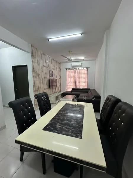 Dining features: dining table with marble top, 4 upholstered dining chairs in black, white painted walls, ceiling fan, tile flooring, window with sheer curtains, wall-mounted TV, decorative wall paneling; style: modern. Living features: black fabric sofa, light-colored wall, window with sheer curtains, air conditioning unit; style: modern.