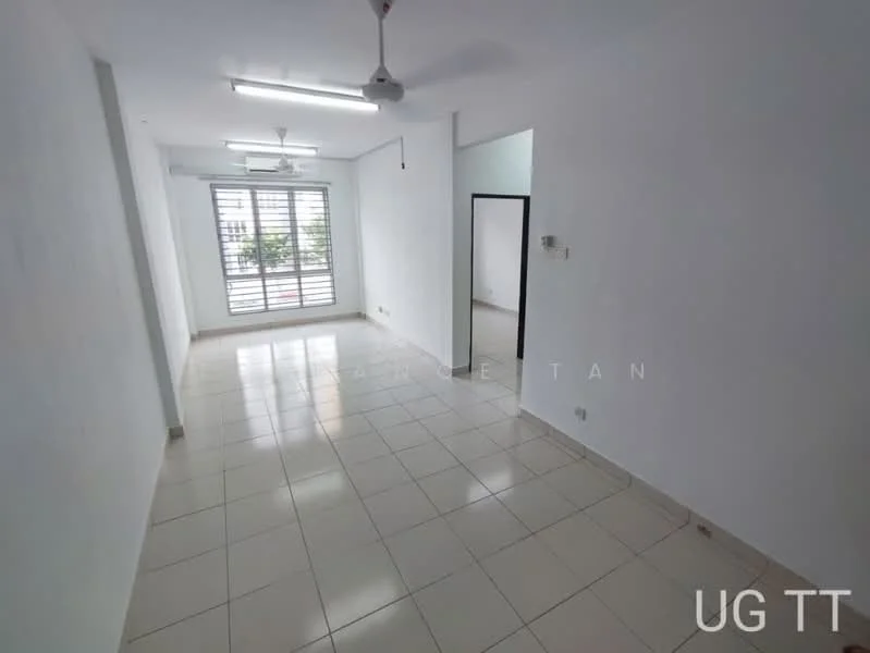 Room features: white painted walls, glossy ceramic tile flooring, ceiling fan, large sliding windows, natural light from windows, neutral color scheme, no visible furniture, open layout; style: modern; view: garden.