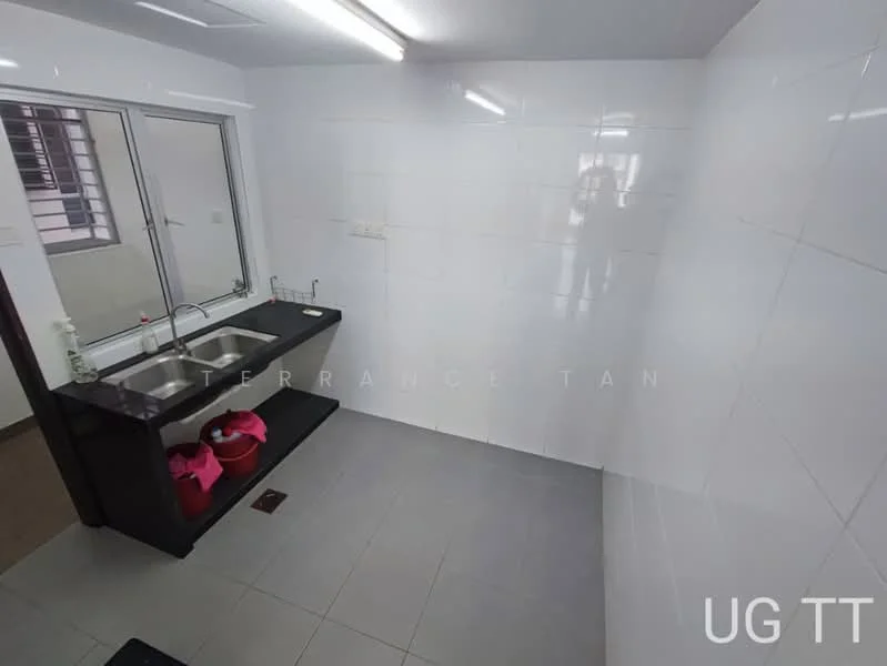 Laundry features: black countertop, single-bowl stainless-steel sink, chrome pull-down faucet, white tiled walls, grey ceramic tile flooring, window with sliding glass, built-in cabinetry, red laundry basket; style: modern.
