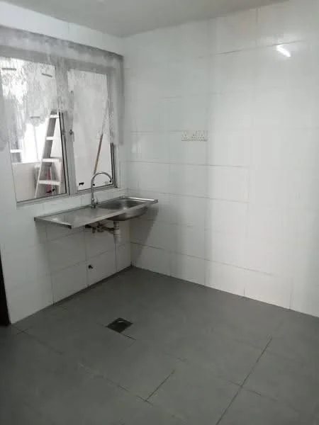 Kitchen features: white tiled walls, grey tiled flooring, single-bowl stainless-steel sink, chrome faucet, window with sheer curtains, wall-mounted shelving, drainage floor outlet.