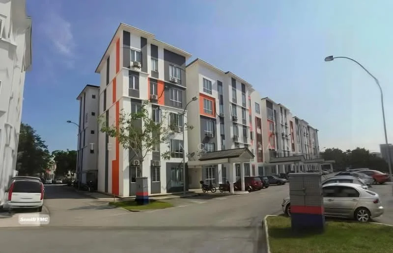 Exterior type: low-rise apartment block; features: white painted facade, orange accent panels, flat roof, approximately 4-storey, manicured landscaping, parking lot with multiple vehicles, sidewalk, street lighting, entrance awning, balconies on upper floors; style: modern.