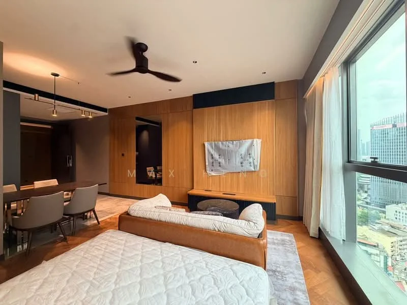 Living features: wooden flooring, grey accent wall, wood panelled feature wall, floor-to-ceiling windows, city view, 3-blade ceiling fan, wall-mounted TV, sofa with leather upholstery, dining table with chairs, recessed downlights, area rug; style: modern; view: city.