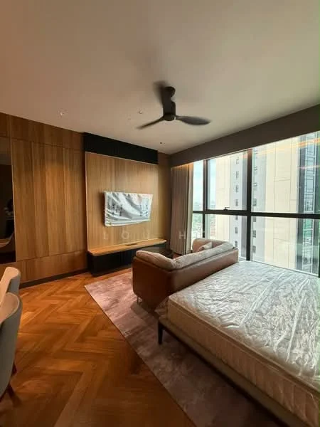 Bedroom features: wooden flooring, floor-to-ceiling windows, blackout curtains, 3-blade ceiling fan, wall-mounted TV, wood paneling, upholstered sofa, area rug with geometric pattern, queen-size bed, decorative wall, side table; style: modern; view: city.