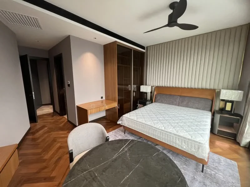 Bedroom features: king-size bed, upholstered headboard, wooden bedside tables, table lamps, ceiling fan, wooden flooring, textured wall paneling, built-in wardrobe, large window, neutral wall color, decorative wall lighting; style: modern.