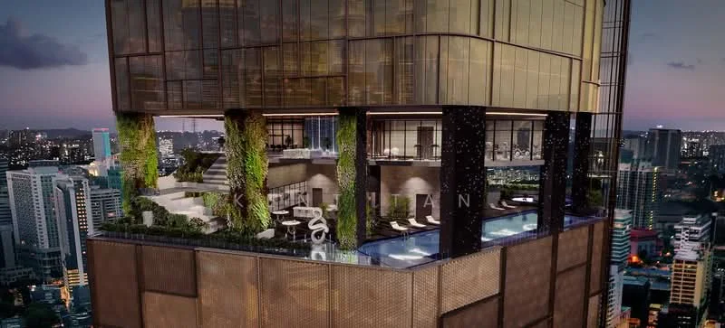 Exterior type: high-rise condominium; features: glass curtain wall, golden facade, recessed balconies, outdoor terrace with seating, infinity pool, landscaped greenery, city skyline view, night lighting, modern architectural design; style: modern.