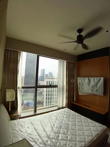 Bedroom features: floor-to-ceiling windows, city view, 5-blade ceiling fan, wooden flooring, wall-mounted TV, built-in wardrobe, decorative wall paneling, sheer curtains; style: modern; view: city.