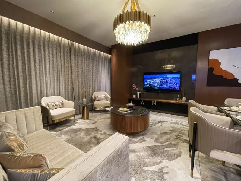 Living features: chandelier, recessed downlights, floor-to-ceiling curtains, wall-mounted TV, decorative wall paneling, area rug with abstract pattern, 2-seater fabric sofa in cream, 1-seater armchairs in cream, coffee table with round top, decorative vase, artwork on wall, wooden accent wall; style: modern; view: city.