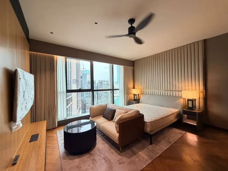 Bedroom features: king-size bed, upholstered headboard, 2 bedside lamps, 3-blade ceiling fan, floor-to-ceiling windows, city view, wooden flooring, wall-mounted TV, sofa, coffee table, decorative wall paneling, sheer curtains; style: modern; view: city.