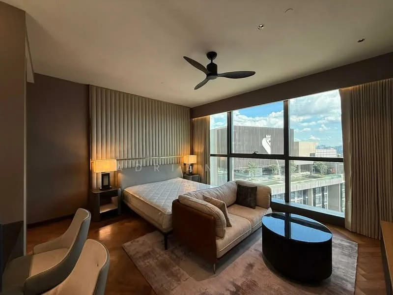Bedroom features: king-size bed, upholstered headboard, 2 bedside lamps, sofa, coffee table, floor-to-ceiling windows, curtains, ceiling fan, wooden flooring, decorative wall paneling, area rug; style: modern; view: city.