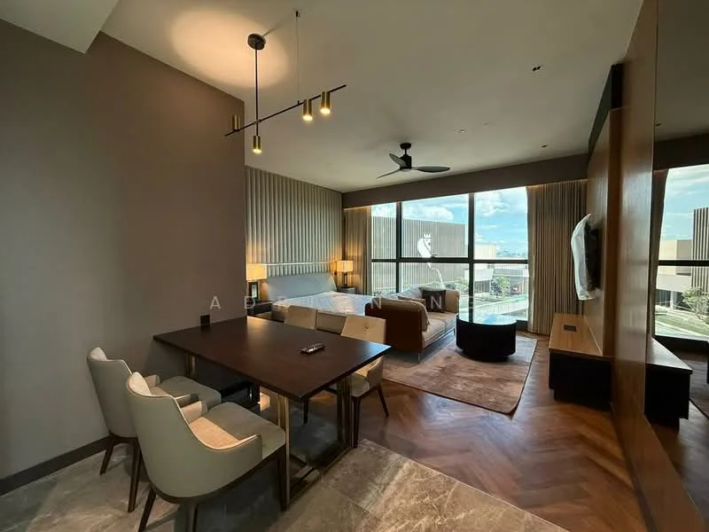 Living features: sofa in beige fabric, coffee table, TV console, wall-mounted TV, area rug, 5-blade ceiling fan with light, floor-to-ceiling windows, wood paneling, wood flooring, dining table with 4 chairs, decorative wall, natural light from windows; style: modern; view: city.